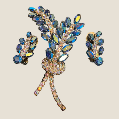 Vintage Aurora Borealis Rhinestone Wheat Spray Brooch & Earrings Set