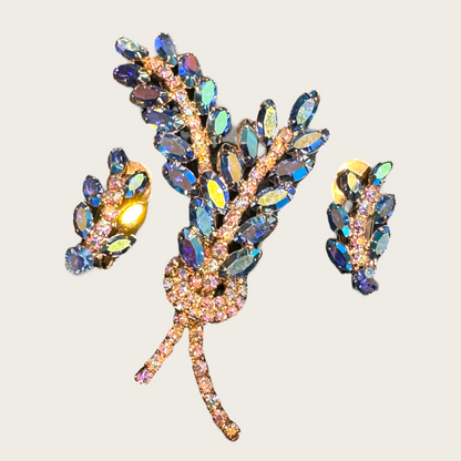 Vintage Aurora Borealis Rhinestone Wheat Spray Brooch & Earrings Set