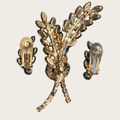 Vintage Aurora Borealis Rhinestone Wheat Spray Brooch & Earrings Set