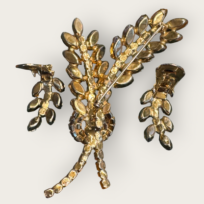 Vintage Aurora Borealis Rhinestone Wheat Spray Brooch & Earrings Set
