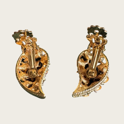 Vintage Pink Rhinestone Curved Leaf Clip-On Earrings