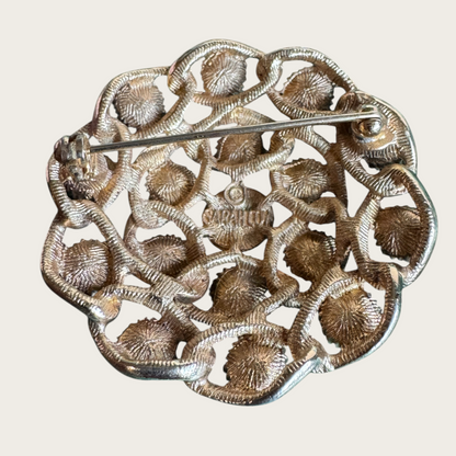 Sarah Coventry “Fiesta” Cabochon Brooch & Earring Set – Luminous Uranium Glass in Gold-Tone Filigree