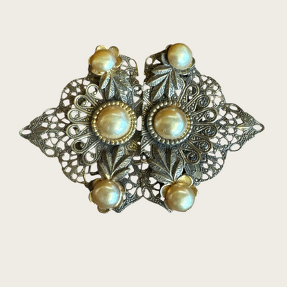 Antique Filigree Brass & Pearl Belt Buckle – Art Deco European Design