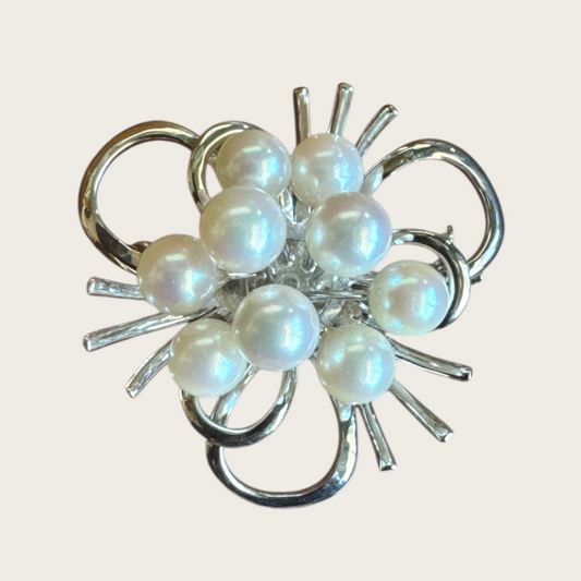Vintage Sterling Silver Cultured Pearl Brooch & Pendant – Mid-Century Modern Ribbon Spray Design