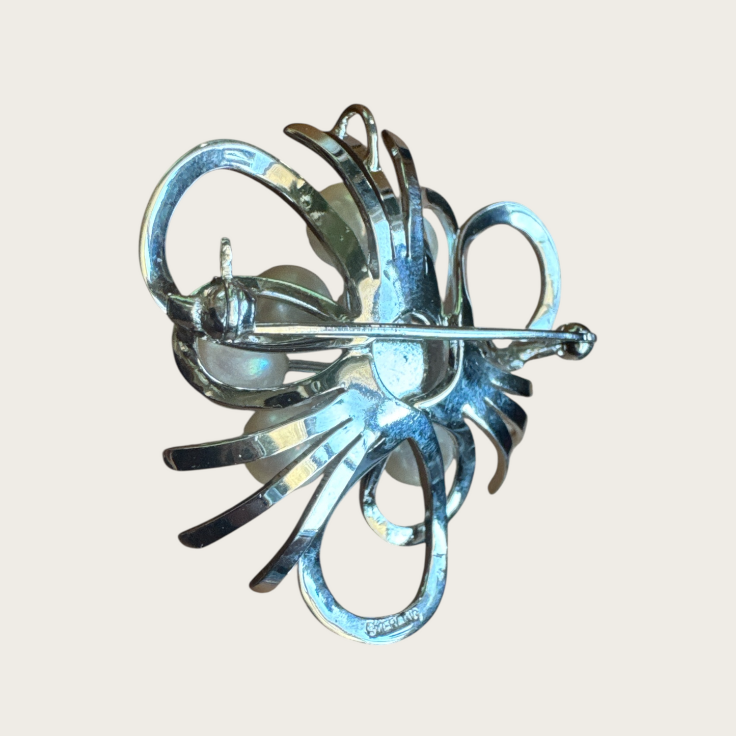 Vintage Sterling Silver Cultured Pearl Brooch & Pendant – Mid-Century Modern Ribbon Spray Design