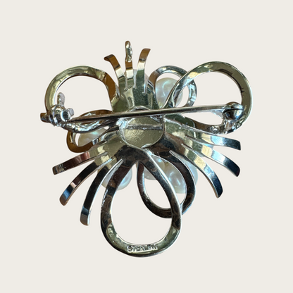 Vintage Sterling Silver Cultured Pearl Brooch & Pendant – Mid-Century Modern Ribbon Spray Design