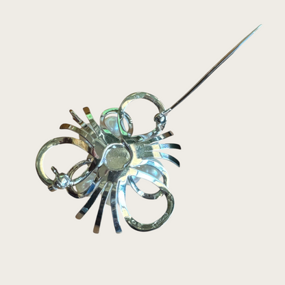 Vintage Sterling Silver Cultured Pearl Brooch & Pendant – Mid-Century Modern Ribbon Spray Design
