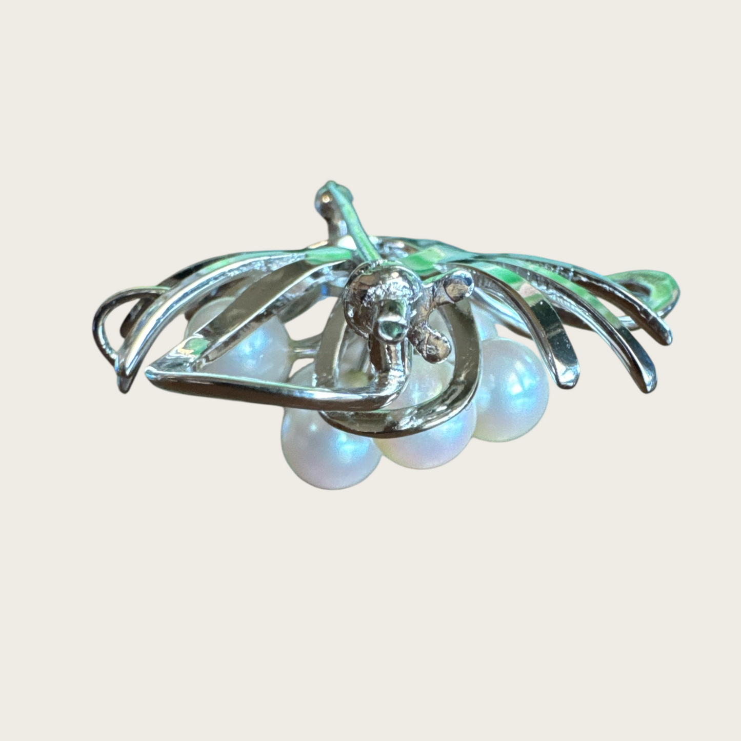 Vintage Sterling Silver Cultured Pearl Brooch & Pendant – Mid-Century Modern Ribbon Spray Design