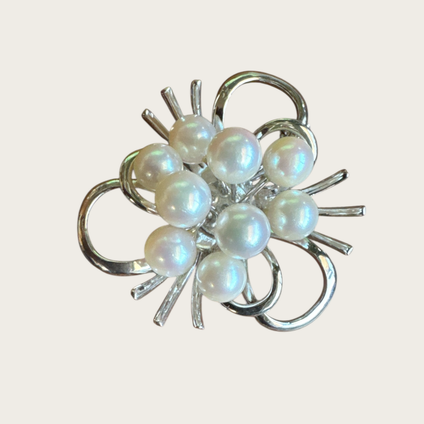 Vintage Sterling Silver Cultured Pearl Brooch & Pendant – Mid-Century Modern Ribbon Spray Design