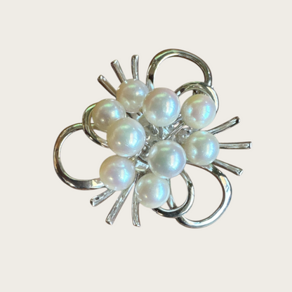 Vintage Sterling Silver Cultured Pearl Brooch & Pendant – Mid-Century Modern Ribbon Spray Design