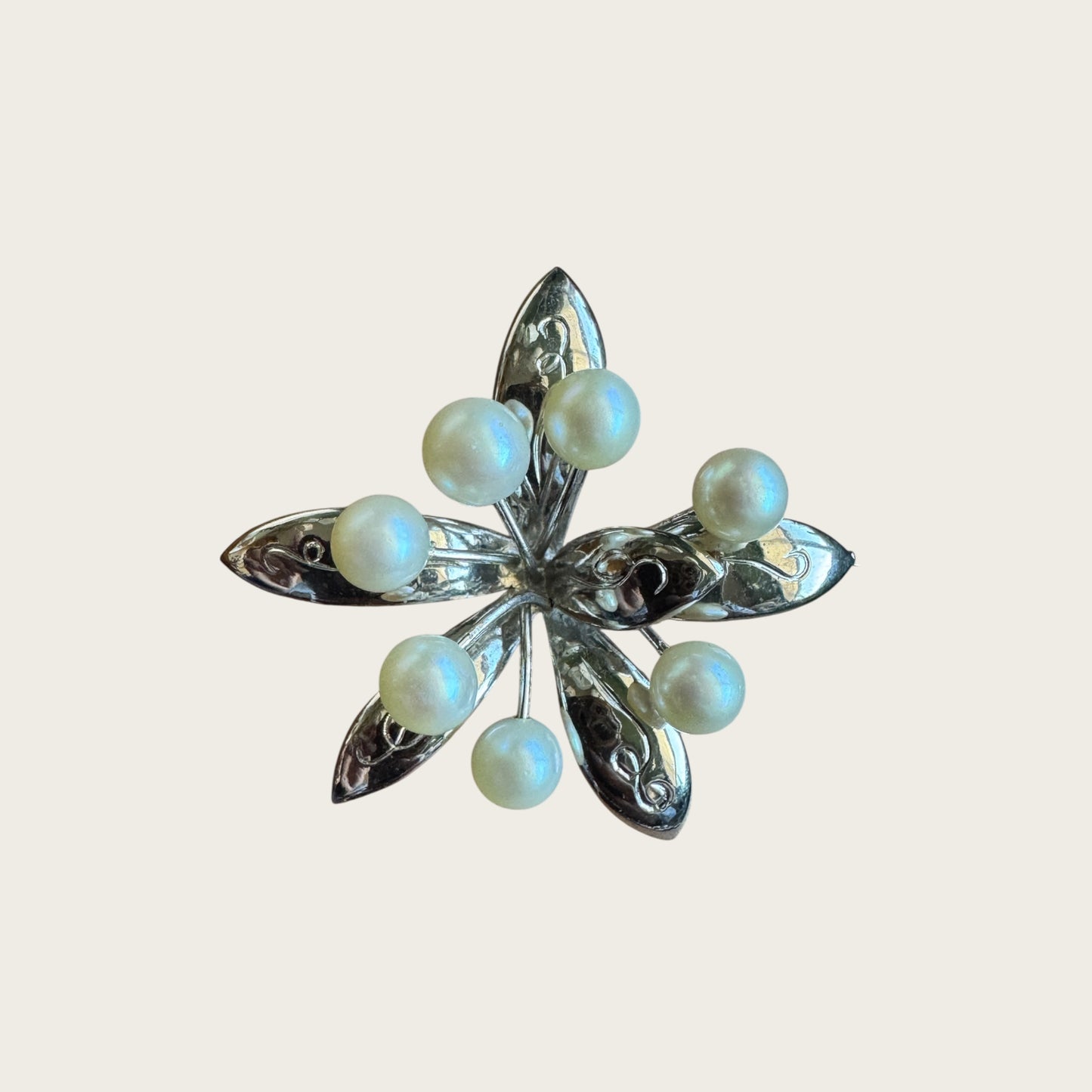 Vintage Sterling Silver Leaf Spray Brooch with Cultured Pearls – Mid-Century Elegance