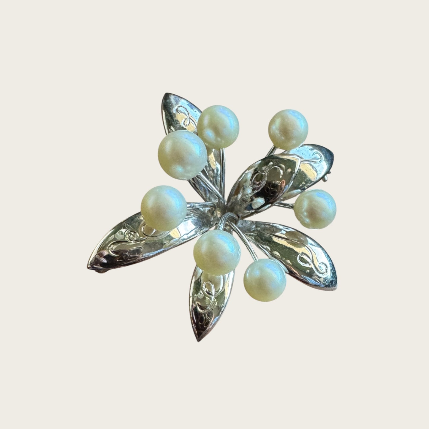 Vintage Sterling Silver Leaf Spray Brooch with Cultured Pearls – Mid-Century Elegance