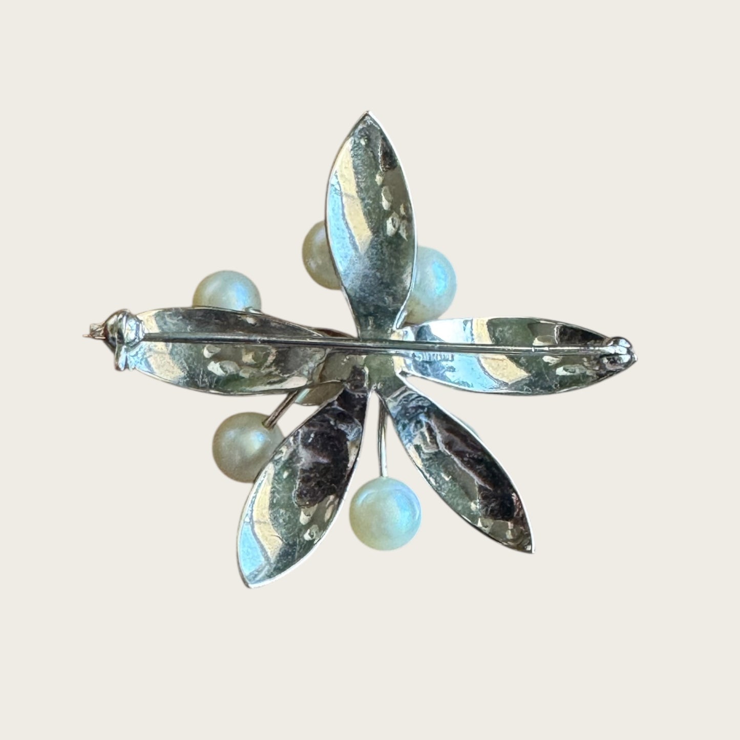 Vintage Sterling Silver Leaf Spray Brooch with Cultured Pearls – Mid-Century Elegance