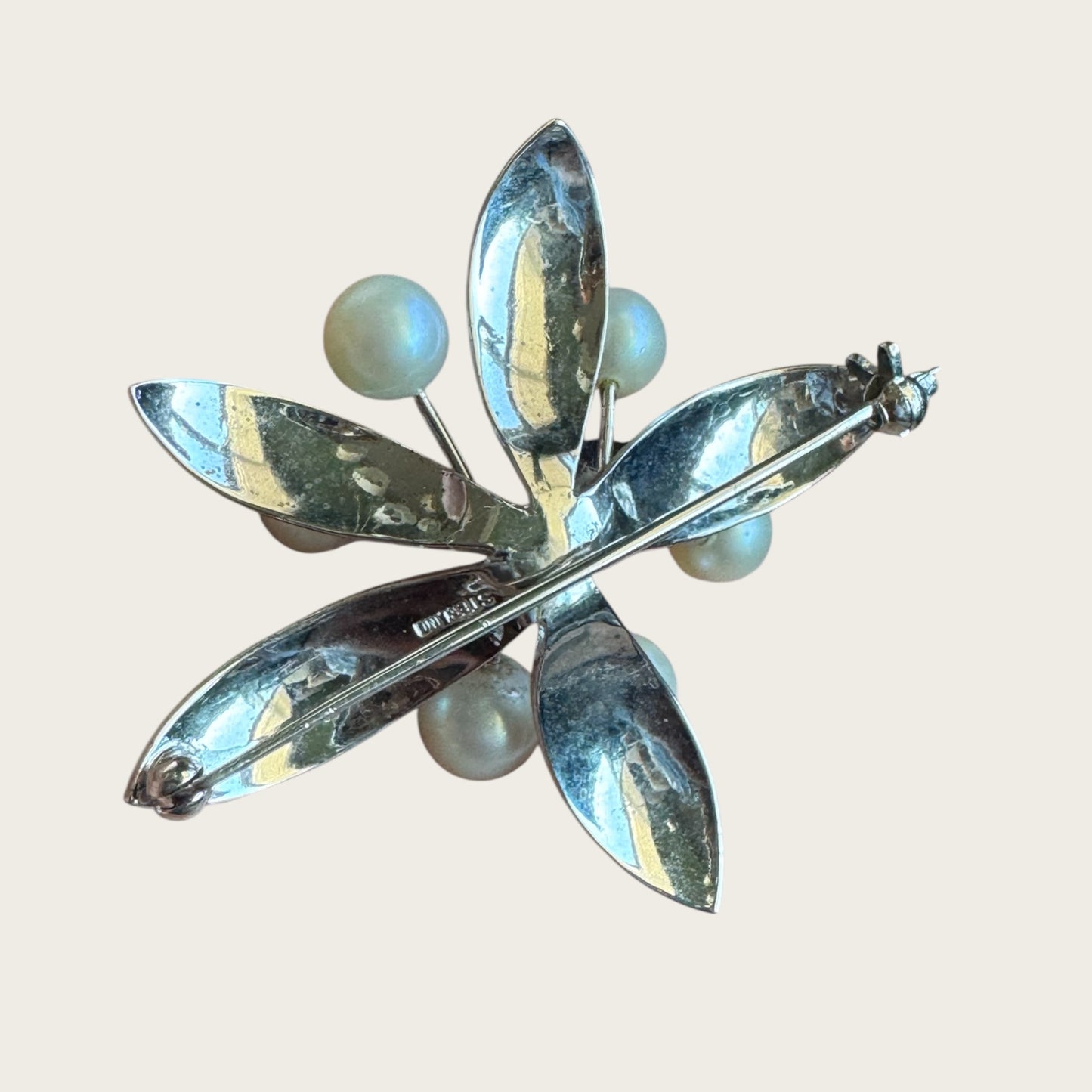 Vintage Sterling Silver Leaf Spray Brooch with Cultured Pearls – Mid-Century Elegance