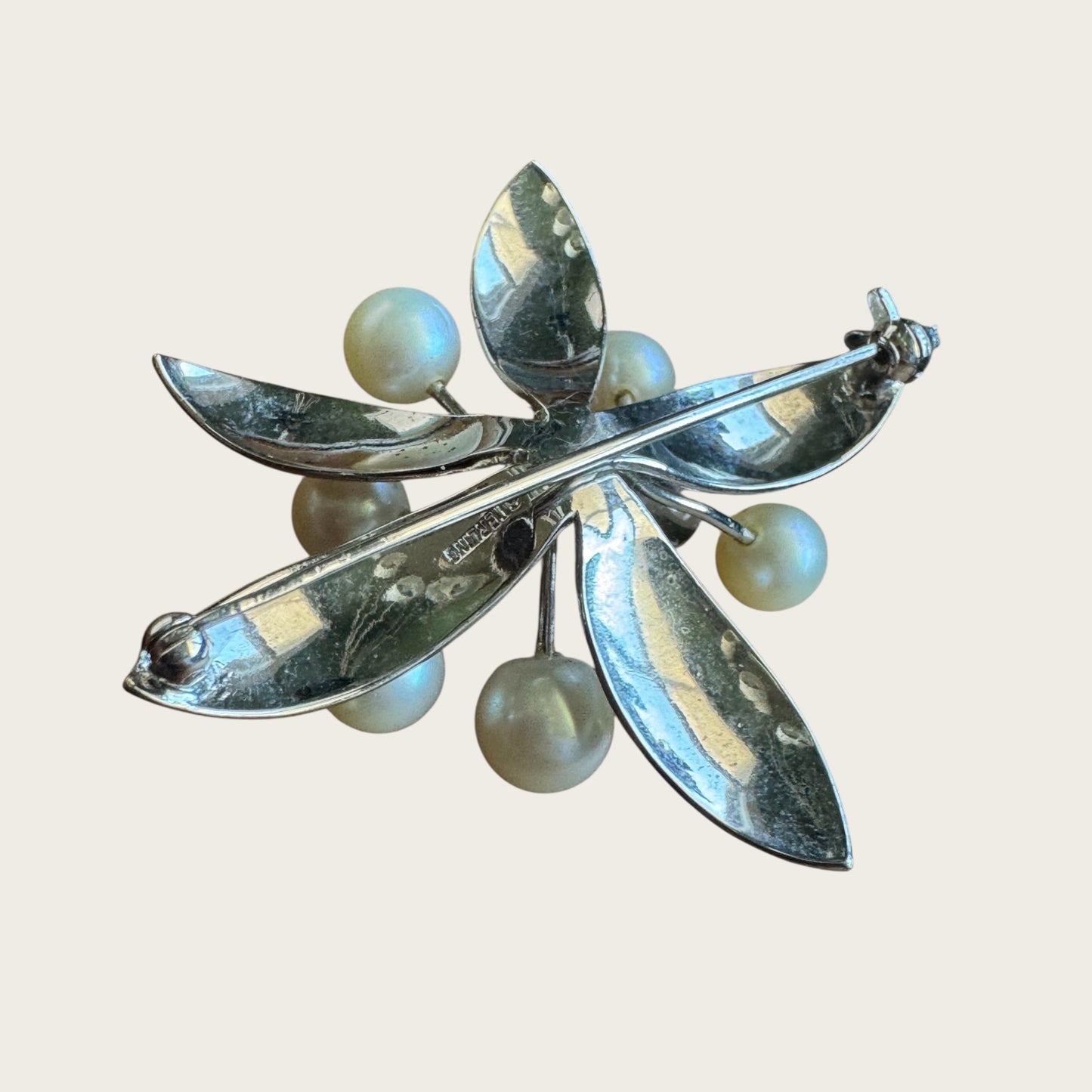 Vintage Sterling Silver Leaf Spray Brooch with Cultured Pearls – Mid-Century Elegance