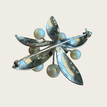 Vintage Sterling Silver Leaf Spray Brooch with Cultured Pearls – Mid-Century Elegance