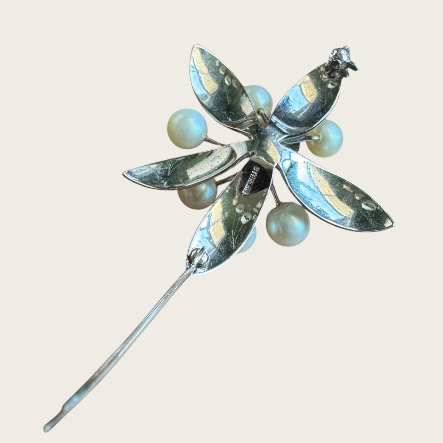 Vintage Sterling Silver Leaf Spray Brooch with Cultured Pearls – Mid-Century Elegance