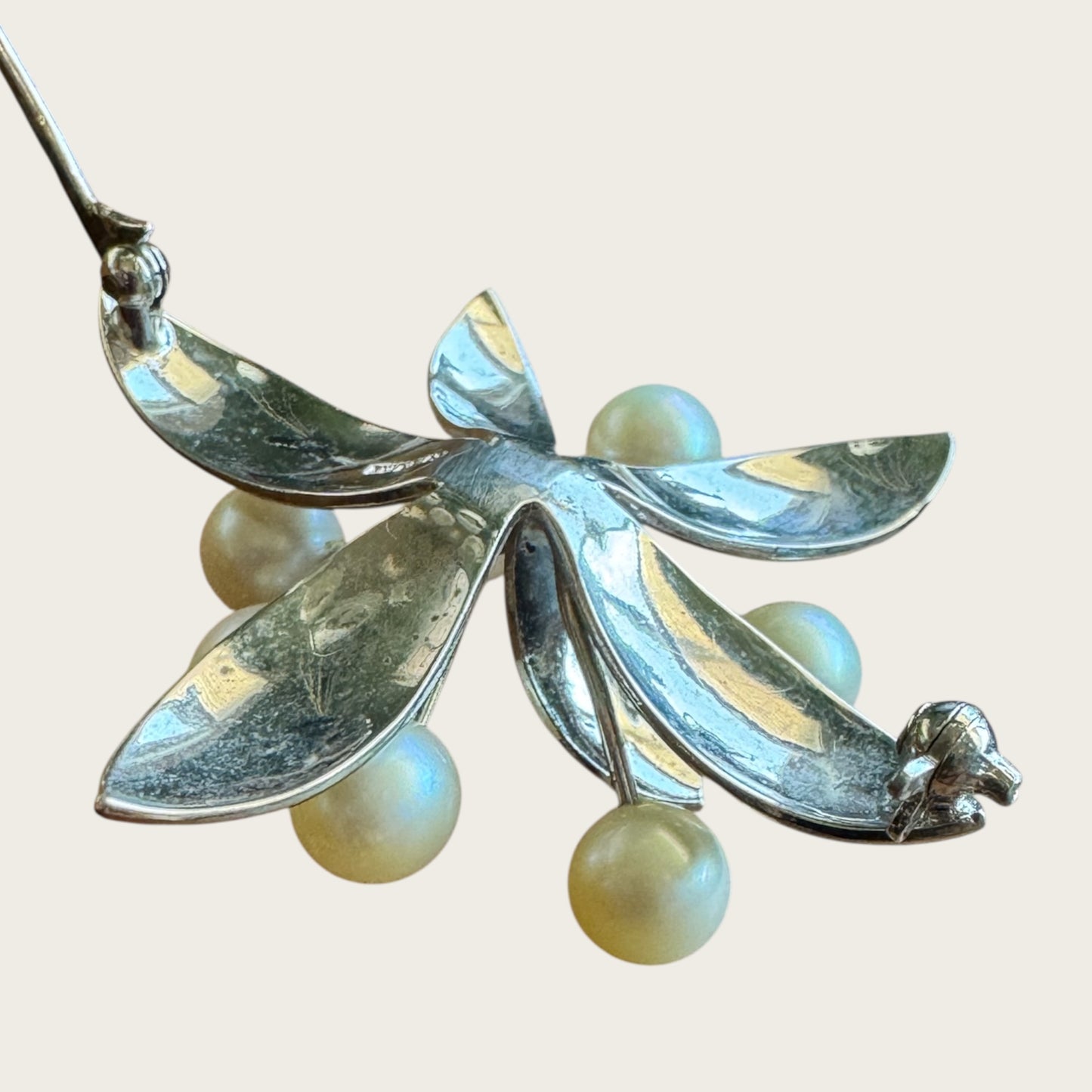 Vintage Sterling Silver Leaf Spray Brooch with Cultured Pearls – Mid-Century Elegance