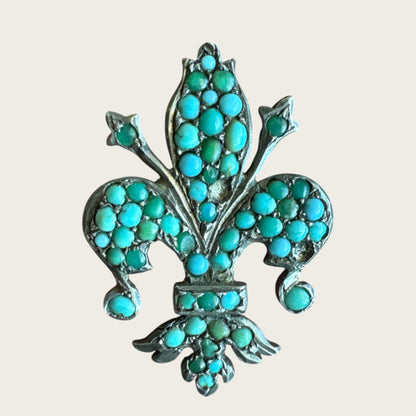 Antique 800 Silver Fleur-de-Lis Brooch with Persian Turquoise – 19th Century European Design