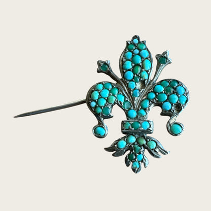 Antique 800 Silver Fleur-de-Lis Brooch with Persian Turquoise – 19th Century European Design