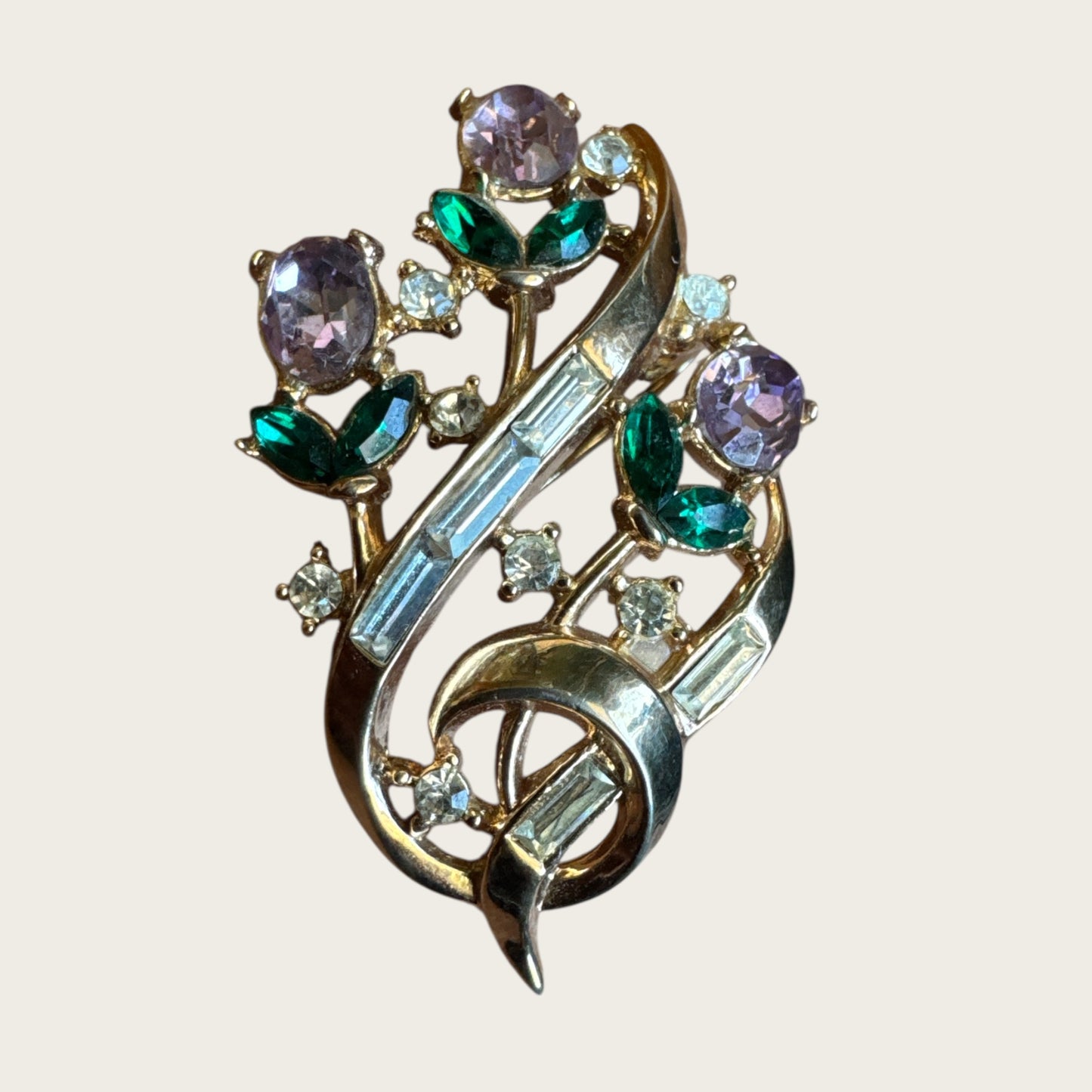 Rare 1950s Trifari Alfred Philippe Flower Bouquet Brooch – Patent Pending Gold-Tone with Lavender, Green & Clear Rhinestones