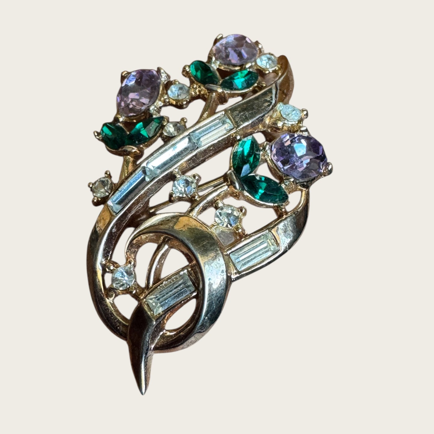 Rare 1950s Trifari Alfred Philippe Flower Bouquet Brooch – Patent Pending Gold-Tone with Lavender, Green & Clear Rhinestones