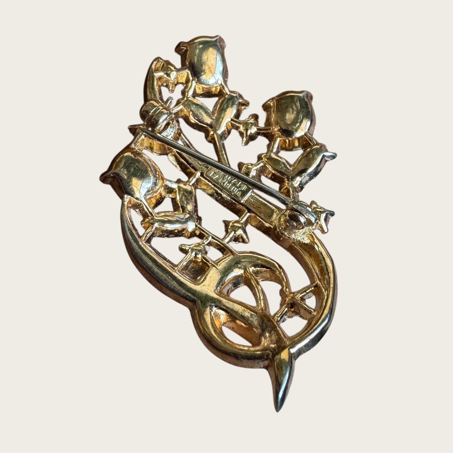 Rare 1950s Trifari Alfred Philippe Flower Bouquet Brooch – Patent Pending Gold-Tone with Lavender, Green & Clear Rhinestones