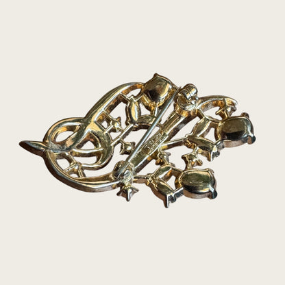 Rare 1950s Trifari Alfred Philippe Flower Bouquet Brooch – Patent Pending Gold-Tone with Lavender, Green & Clear Rhinestones