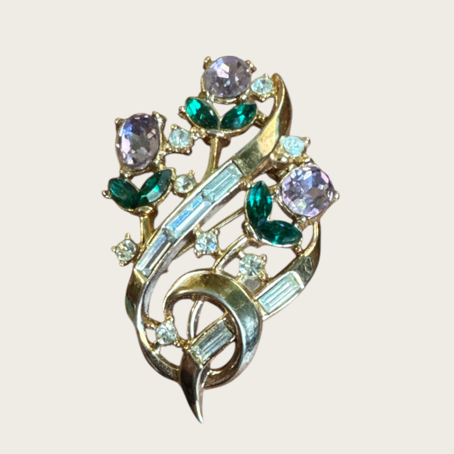 Rare 1950s Trifari Alfred Philippe Flower Bouquet Brooch – Patent Pending Gold-Tone with Lavender, Green & Clear Rhinestones