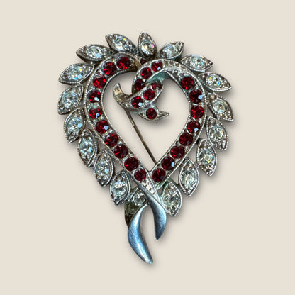 Vintage Ruby Red Heart Brooch & Pendant – Diamanté Rhinestones, Alfred Philippe Style (Unsigned Trifari)