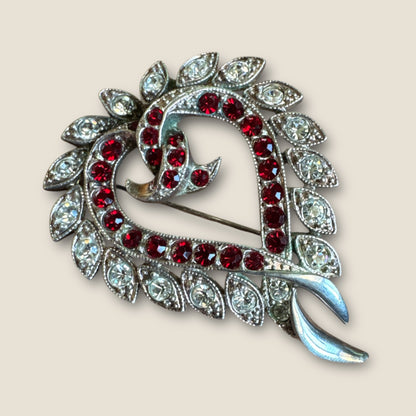 Vintage Ruby Red Heart Brooch & Pendant – Diamanté Rhinestones, Alfred Philippe Style (Unsigned Trifari)