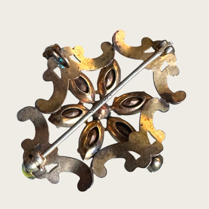 Vintage Simmons Blue Rhinestone Scroll Brooch-Pendant – 1940s Floral Motif in Gold Tone