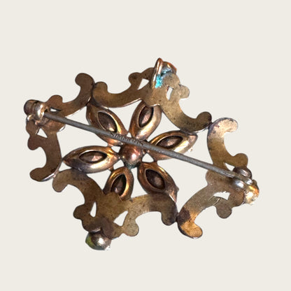 Vintage Simmons Blue Rhinestone Scroll Brooch-Pendant – 1940s Floral Motif in Gold Tone