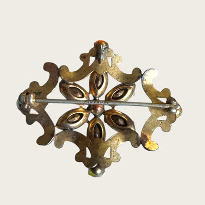 Vintage Simmons Blue Rhinestone Scroll Brooch-Pendant – 1940s Floral Motif in Gold Tone