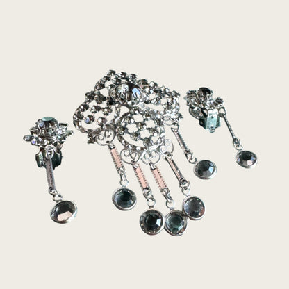 Juliana Style Vintage Silvertone Brooch & Earring Set – Smoky Gray Rhinestones with Dangles
