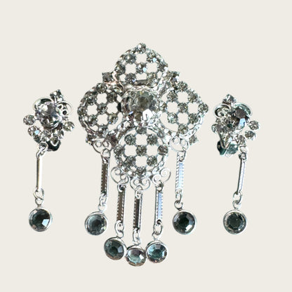 Juliana Style Vintage Silvertone Brooch & Earring Set – Smoky Gray Rhinestones with Dangles