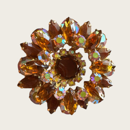 Root Beer Navette & Aurora Borealis Topaz Rhinestone Brooch – Layered Vintage Gold-Tone Design