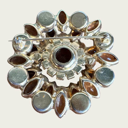 Root Beer Navette & Aurora Borealis Topaz Rhinestone Brooch – Layered Vintage Gold-Tone Design