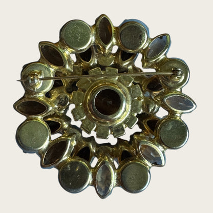 Root Beer Navette & Aurora Borealis Topaz Rhinestone Brooch – Layered Vintage Gold-Tone Design