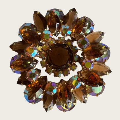Root Beer Navette & Aurora Borealis Topaz Rhinestone Brooch – Layered Vintage Gold-Tone Design