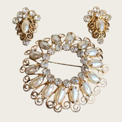 Vintage Hope Chest Faux Pearl & Rhinestone Demi-Parure – Brooch & Clip Earring Set – Mid-Century Gold-Tone Filigree Design
