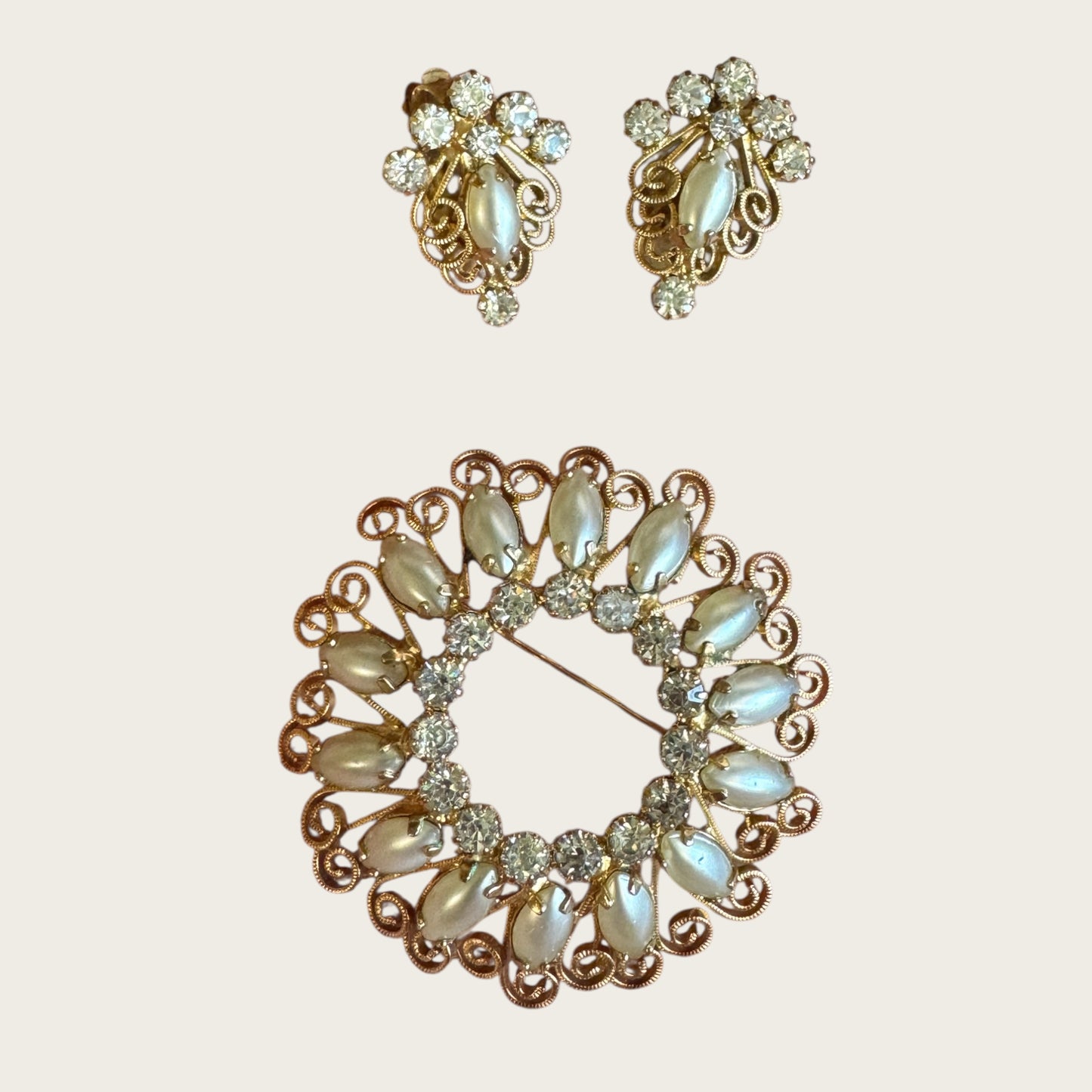 Vintage Hope Chest Faux Pearl & Rhinestone Demi-Parure – Brooch & Clip Earring Set – Mid-Century Gold-Tone Filigree Design