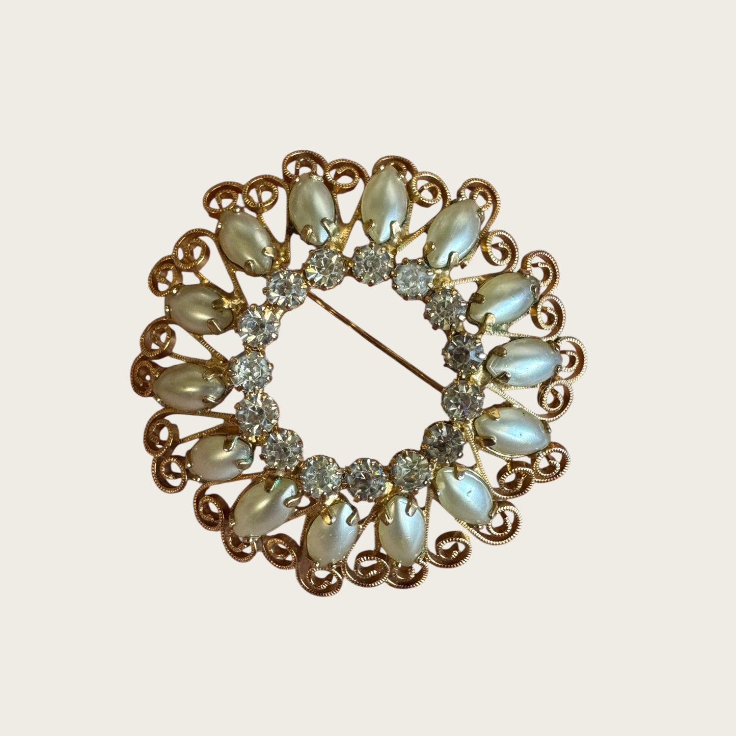 Vintage Hope Chest Faux Pearl & Rhinestone Demi-Parure – Brooch & Clip Earring Set – Mid-Century Gold-Tone Filigree Design