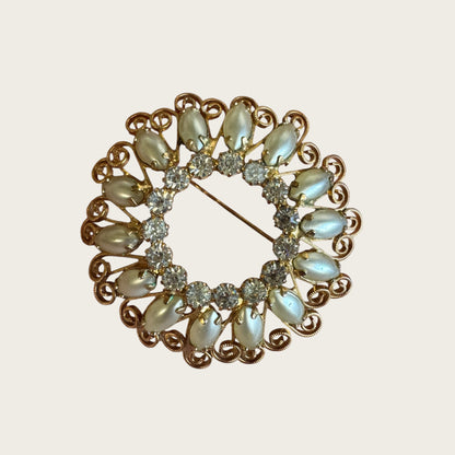 Vintage Hope Chest Faux Pearl & Rhinestone Demi-Parure – Brooch & Clip Earring Set – Mid-Century Gold-Tone Filigree Design