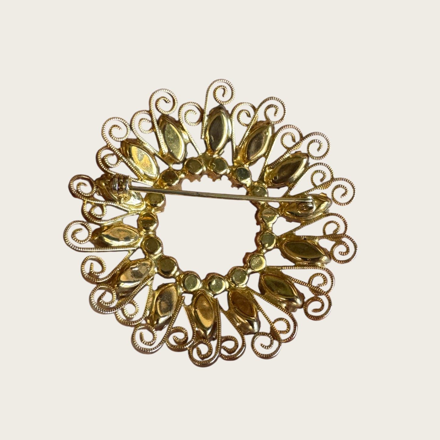 Vintage Hope Chest Faux Pearl & Rhinestone Demi-Parure – Brooch & Clip Earring Set – Mid-Century Gold-Tone Filigree Design