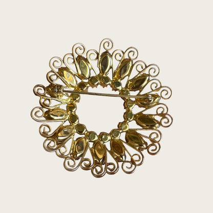 Vintage Hope Chest Faux Pearl & Rhinestone Demi-Parure – Brooch & Clip Earring Set – Mid-Century Gold-Tone Filigree Design