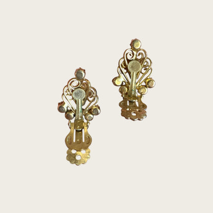 Vintage Hope Chest Faux Pearl & Rhinestone Demi-Parure – Brooch & Clip Earring Set – Mid-Century Gold-Tone Filigree Design