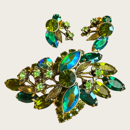 Vintage Green Rhinestone Brooch & Earring Set with Uranium Glow and Mediterranean Blue Navettes – Mid-Century Floral Elegance