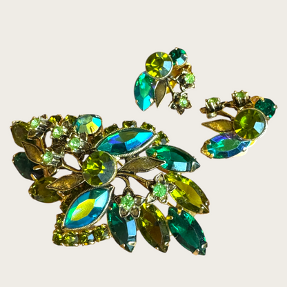 Vintage Green Rhinestone Brooch & Earring Set with Uranium Glow and Mediterranean Blue Navettes – Mid-Century Floral Elegance