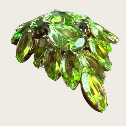 Vintage Parrot-Green Rhinestone Leaf Brooch │ Brilliant Emerald and Uranium Accents (c. 1950s)